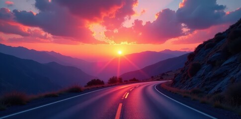 Sunset paints sky above winding asphalt road through mountains , blue hour, mountain