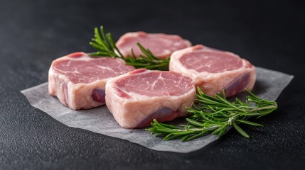 Fototapeta premium Raw pork medallions garnished with fresh rosemary sprigs on parchment paper over a dark slate background.
