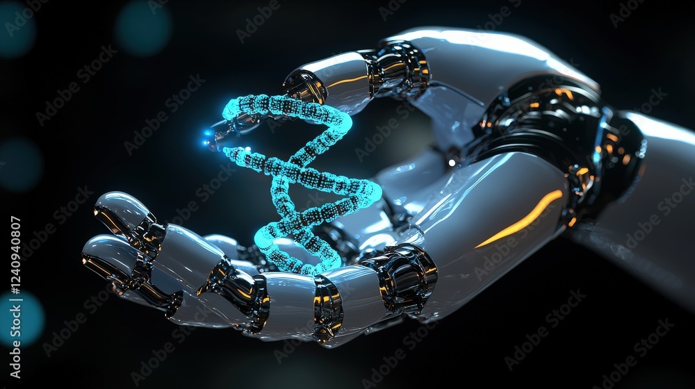 Poster robotic hand manipulating a glowing dna strand with artificial intelligence elements in a futuristic