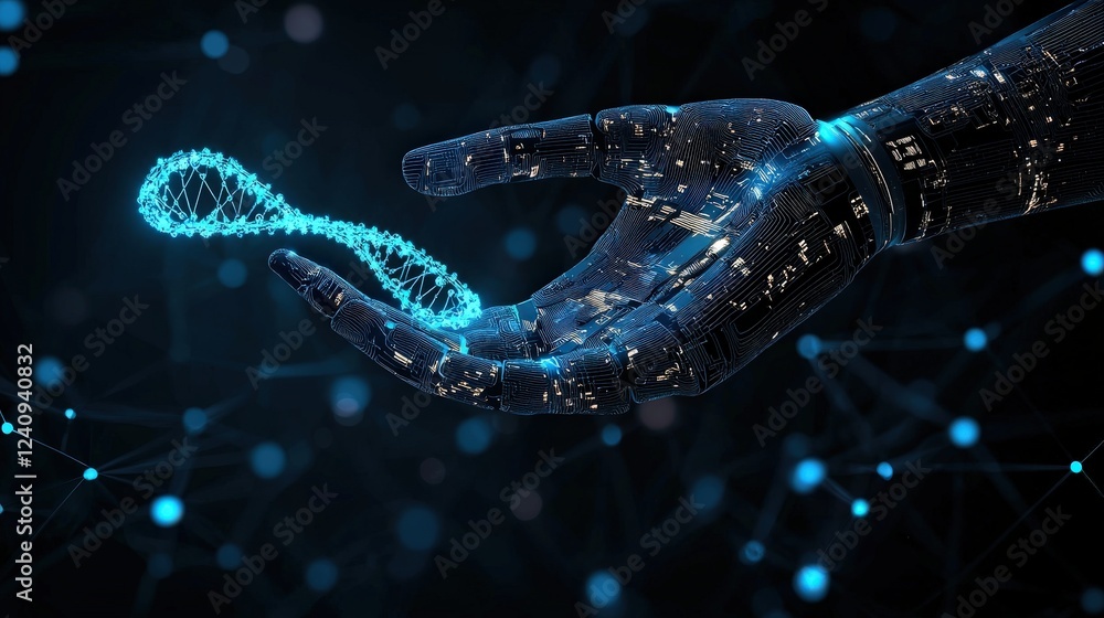 Poster futuristic robot hand holding digital dna strand in a high-tech environment showcasing artificial in