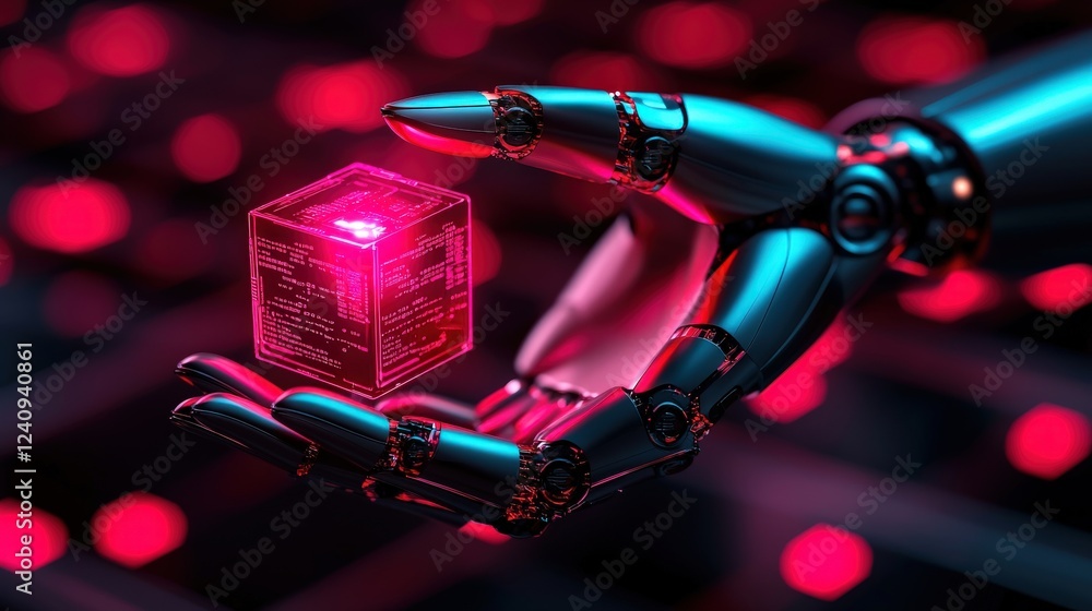 Poster a futuristic robot hand holding a glowing cube in a technological environment with vibrant red light