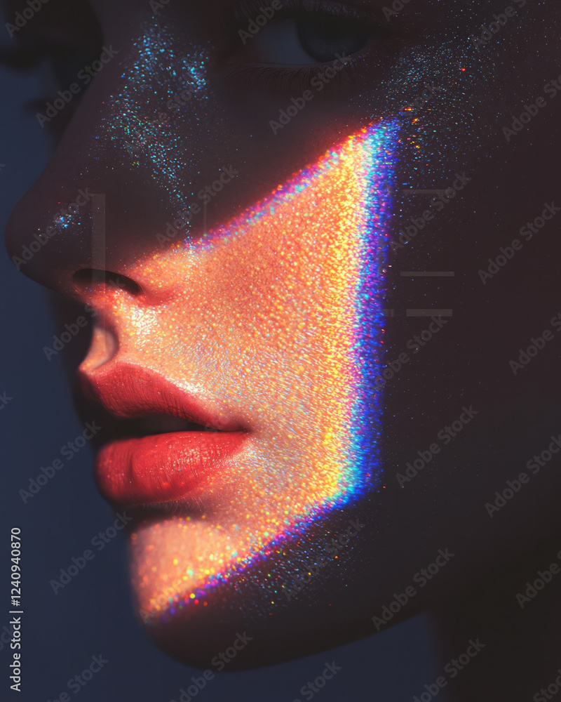 Aufkleber A dramatic macro shot of reflective metallic textures partially submerged in shadows, with faint, colored digital lines running across the surface,