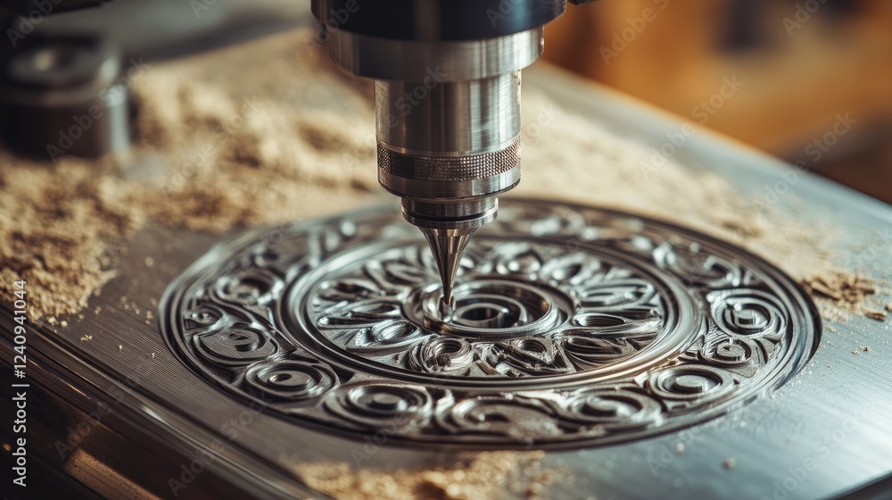 Poster close-up of precision cnc machine carving metal with extreme accuracy, high-tech engineering and aut
