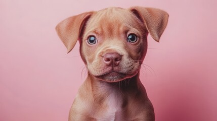 Fototapeta premium Adorable Fawn-Colored Puppy Stares Directly At The Camera Against A Soft Pink Background.