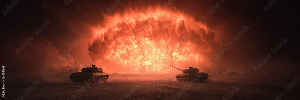 Poster A high-resolution photograph capturing a turbulent explosion overrunning two tanks on a desert battleground at dusk, with vivid orange flames contrasting the twilight,