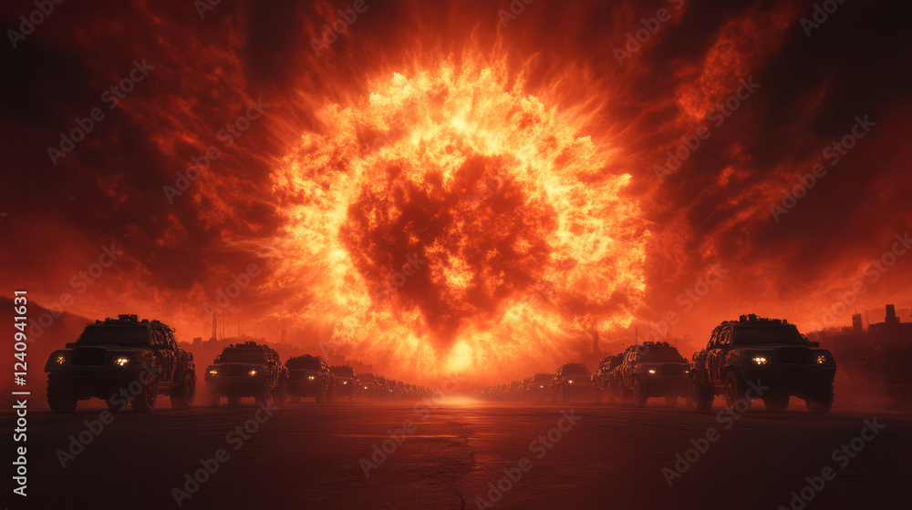 Aufkleber a cinematic composition showing a colossal explosion behind a line of armored vehicles, all illumina