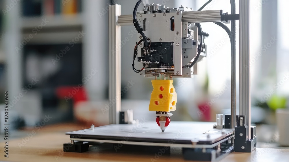 Poster futuristic d printer assembling a robotic arm with real-time precision scanning.