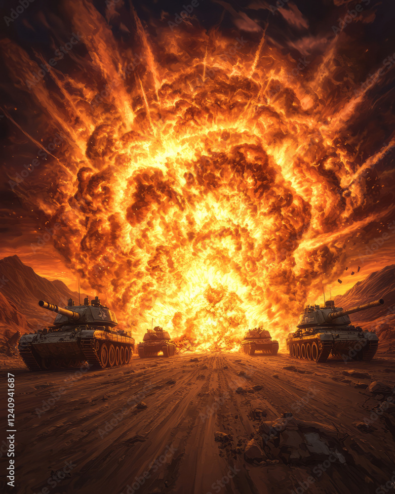 Poster a surreal perspective focusing on the shockwave of an enormous blast consuming several tanks, under 