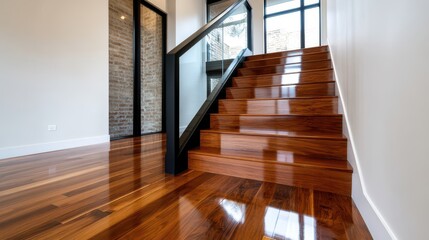 Obraz premium Modern Home Interior with Wooden Staircase and Gleaming Flooring