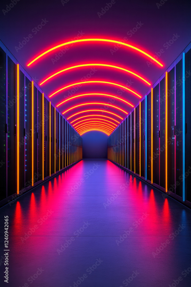 Poster A wide-angle shot of a sleek server room illuminated by brilliant neon lines running along the floor and ceiling, capturing the cutting-edge feel of modern data centers,