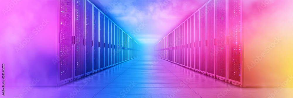 Poster A dramatic composition of towering server racks bathed in neon pink and cyan hues, forming a corridor of pulsating lights and hardware components,