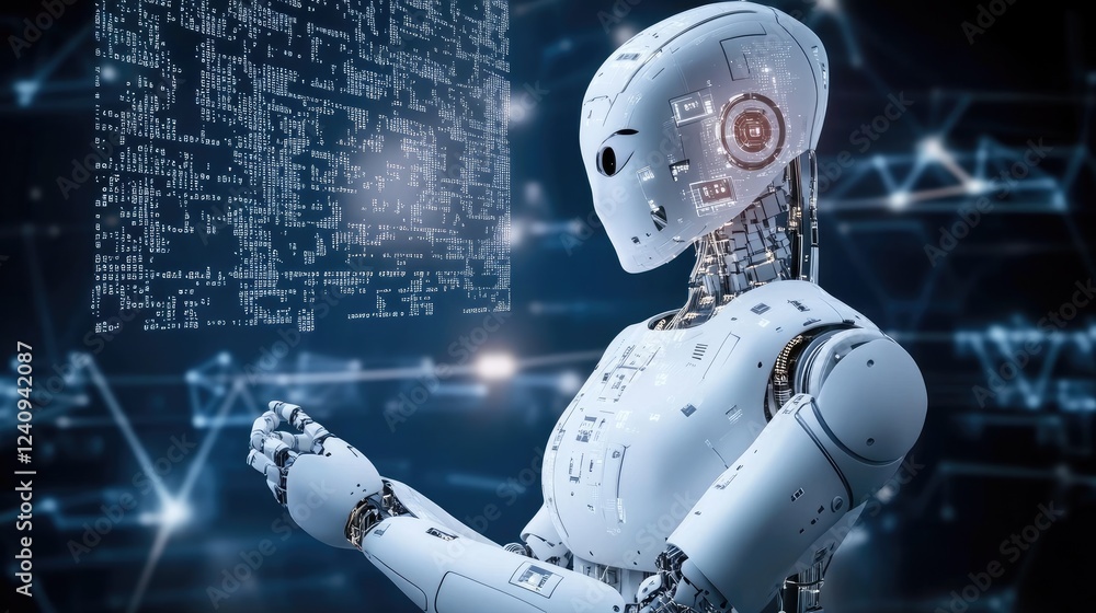 Poster futuristic ai-powered humanoid robot with glowing circuits, surrounded by digital data streams and h