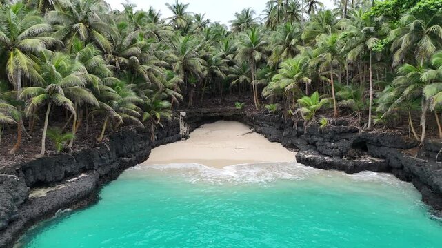Sao Tome and Principe - Battery Beach at Ilheu das Rolas. Pristine Equatorial Island With Turquoise Waters and Lush Palm Forest.