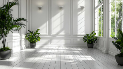 Bright White Room Elegant Design with Plants, Sunlight and Wooden Floor for Clean Home Decor.