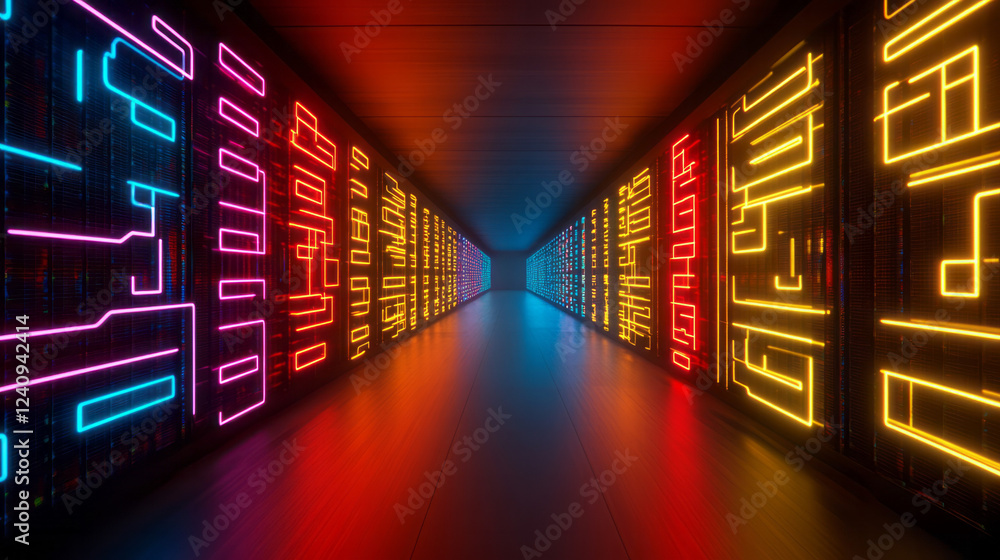 Fototapete a futuristic overhead perspective of a vast neon-lit data center, revealing a geometric pattern of g