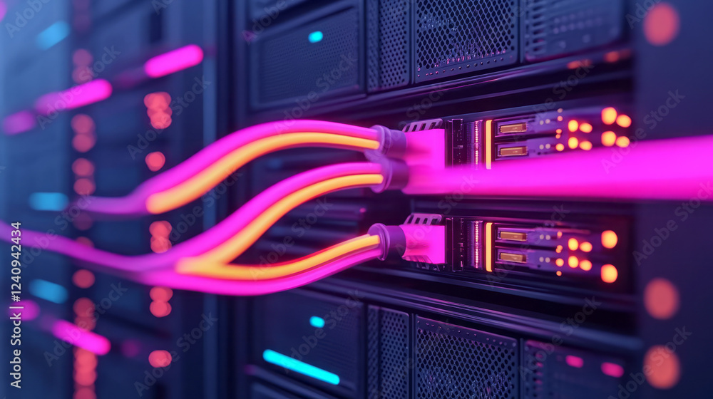 Aufkleber a close-up view of neon-outlined cables snaking through server cabinets, highlighting the dynamic in