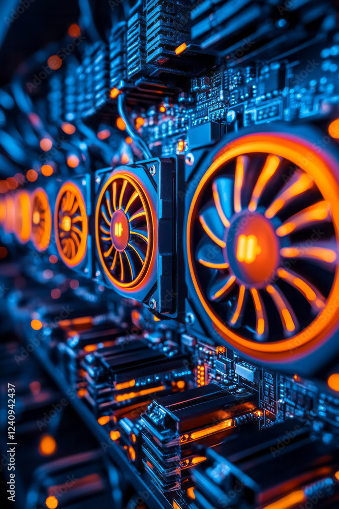 Poster a creative macro photograph focusing on neon-lit cooling fans and circuitry inside a server case, sy