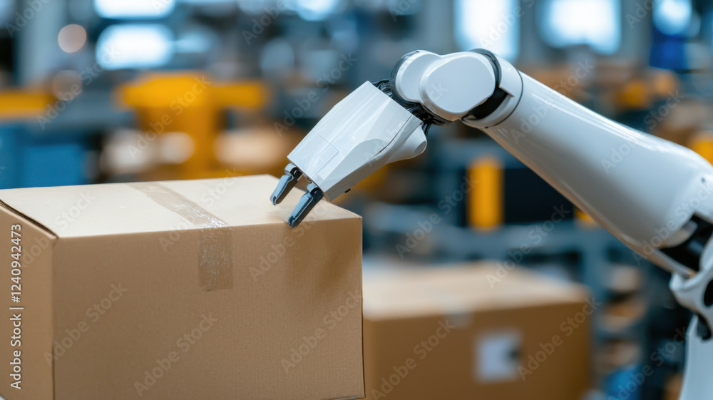 Poster ai in business and industry concept, automated robotic arm handling cardboard box in factory setting