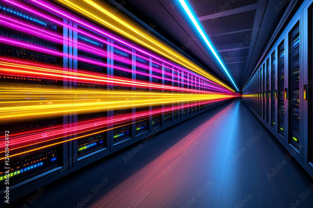 Fototapete a dynamic long-exposure image featuring streaks of colored light dancing around server racks, repres