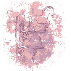 Hand-drawn picture of a horse and bell and rose vector clouds, side view, vector illustration