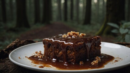 A rich chocolate dessert drizzled with caramel sauce, set against a serene forest backdrop