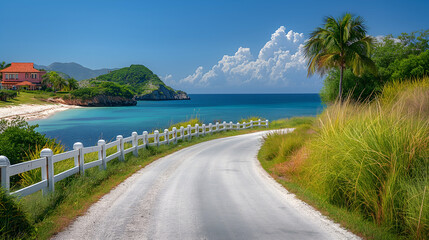 Coastal Road with Palm Trees Scenic Ocean View, Sunny Beach House and White Fence Photography.