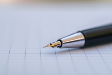 Close up of a classic fountain pen resting on graph paper, ready for writing or note taking