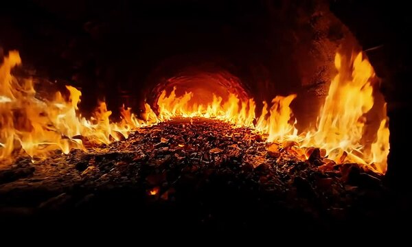 Fiery kiln interior, glowing embers, intense heat, background darkness, industrial use