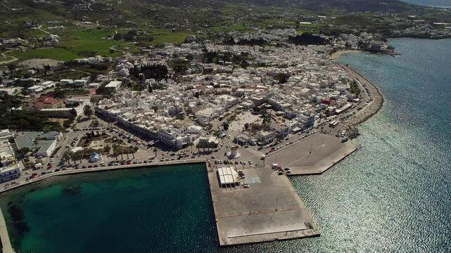 Drone shot of the old town and the port of Parikia of Paros in Greece
