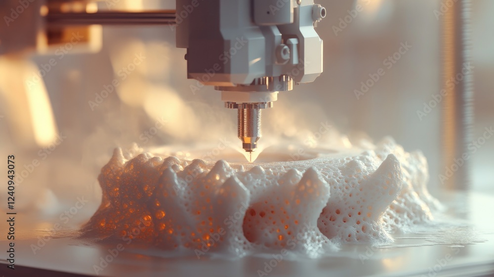 Poster futuristic space station using a d printer to manufacture tools and components in zero gravity.