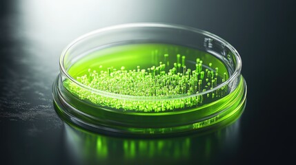 Futuristic petri dish containing synthetic fungi engineered for biodegradation and environmental sustainability.