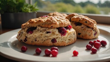 Freshly baked cranberry scones on a plate with scattered berries, sunlit kitchen background