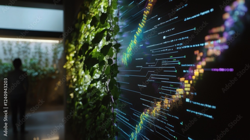 Poster genetic circuit simulation displayed on a futuristic holographic screen, ai-driven synthetic biology
