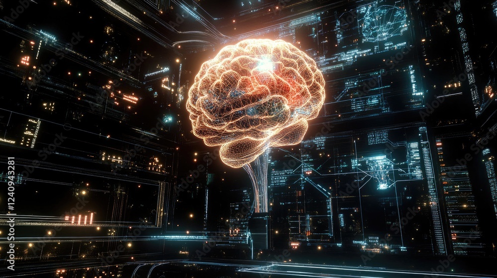 Poster genetic circuit simulation displayed on a futuristic holographic screen, ai-driven synthetic biology