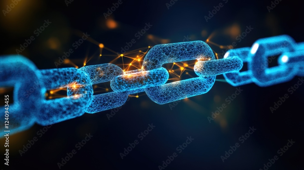 Poster glowing blockchain data streams traveling between secure digital vaults.