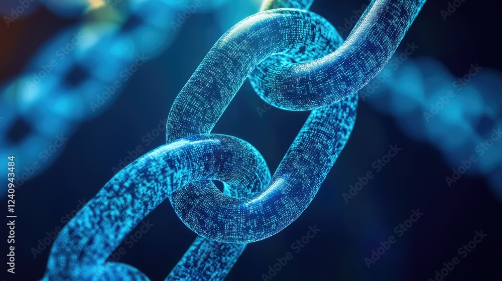 Poster glowing blockchain network ensuring privacy and transparency in decentralized data sharing.