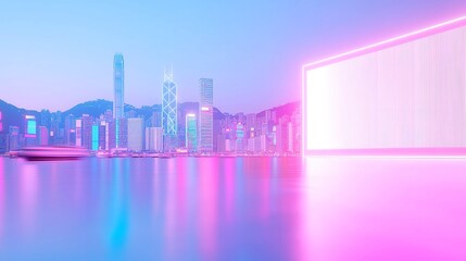 Fototapeta premium Vibrant Animated LED Panels Illuminate Hong Kong Skyline, Reflecting in Harbor Waters, Boats Gracefully Glide by, Neon Hues Transform Cityscape at Dusk