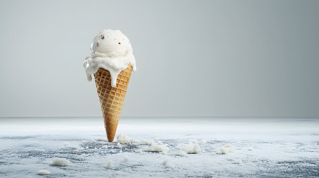delicious ice cream cone with melting vanilla ice cream and sprinkles