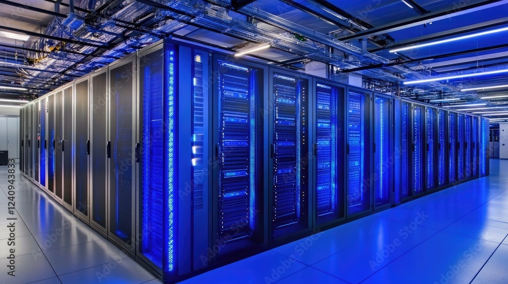 Poster high-tech data center with rows of glowing server racks, advanced cooling systems and futuristic blu