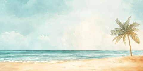 Fototapeta premium Serene Watercolor Beach Scene With Palm Tree