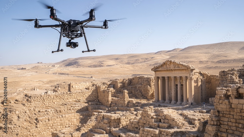 Poster high-tech mapping drone scanning ancient ruins with d modeling software.