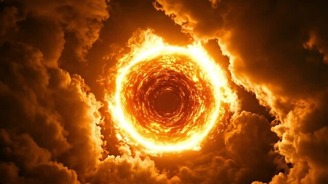 Fiery ring portal in stormy sky; apocalyptic background, fantasy game design