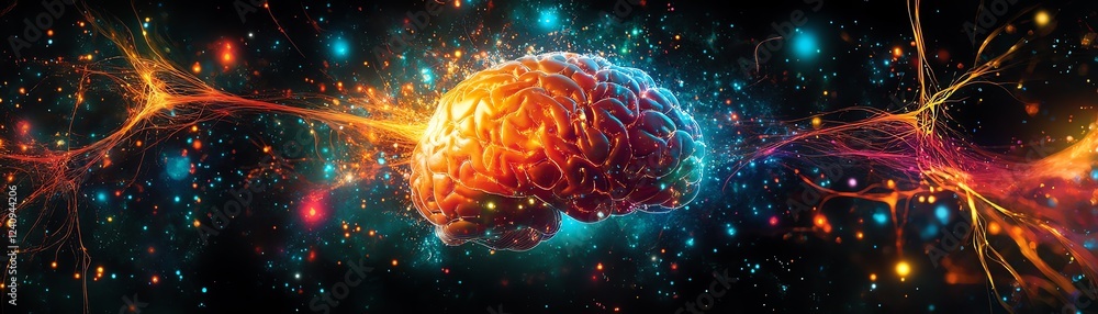 Poster a digital image of a stylized brain, surrounded by vivid, colorful neural pathways, representing the