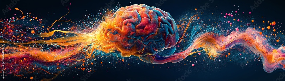 Poster a digital image of a stylized brain, surrounded by vivid, colorful neural pathways, representing the