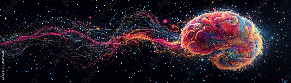 Poster a digital image of a stylized brain, surrounded by vivid, colorful neural pathways, representing the