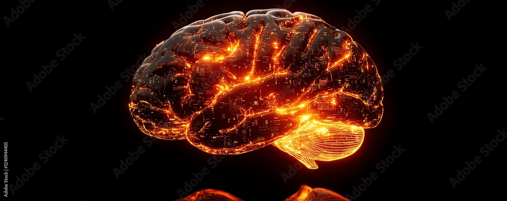 Poster a futuristic human brain glowing with light from a processor, symbolizing the merging of big data, a