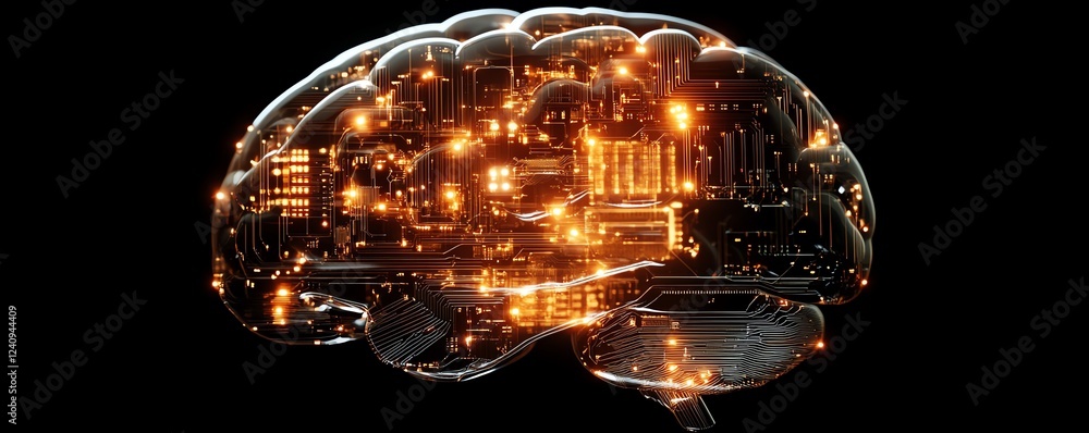 Poster a futuristic human brain glowing with light from a processor, symbolizing the merging of big data, a