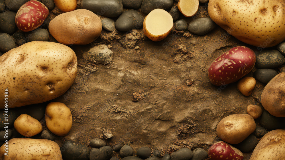 Poster potatoes arranged on textured surface surrounded by stones, creating natural display. this artistic 