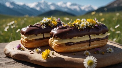 Delicious chocolate-covered pastries adorned with wildflowers in a scenic mountain meadow