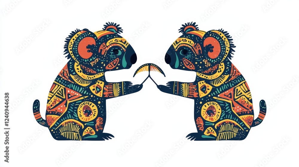 Poster colorful koala design on white background featuring two stylish koalas with unique patterns and deta